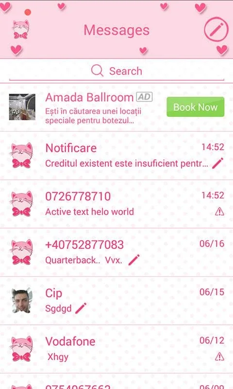 Pink Love SMS for Android - Stylish Messaging Theme