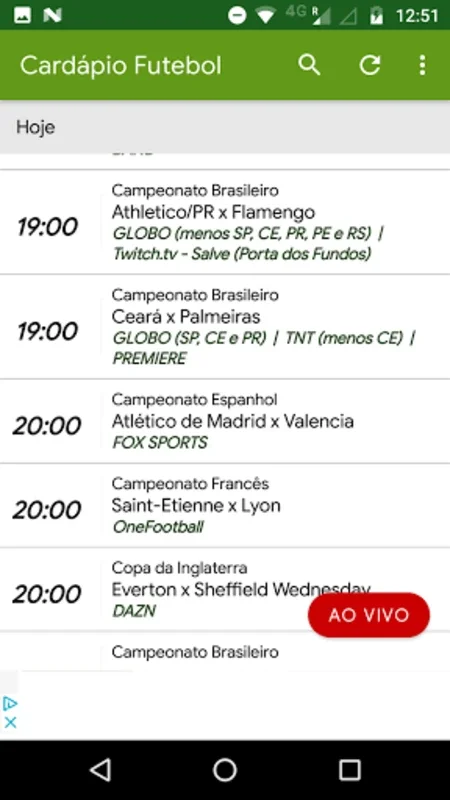 Cardápio Futebol for Android - Find Live Football Broadcasts