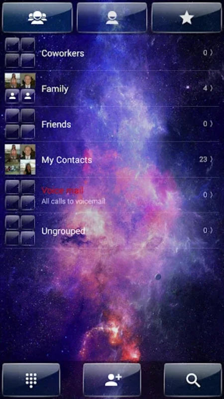 ExDialer Galaxy Glass theme for Android - Cosmic Visual Appeal