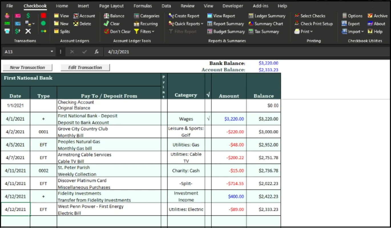 Checkbook for Excel: Powerful Personal Finance for Windows