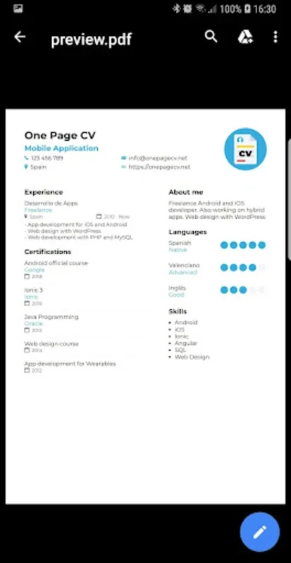 One Page CV for Android - Simplify CV Creation