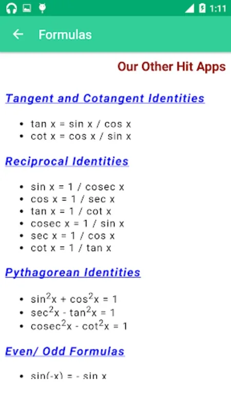 Trigonometry Formula Reference Free for Android - Essential Math Aid