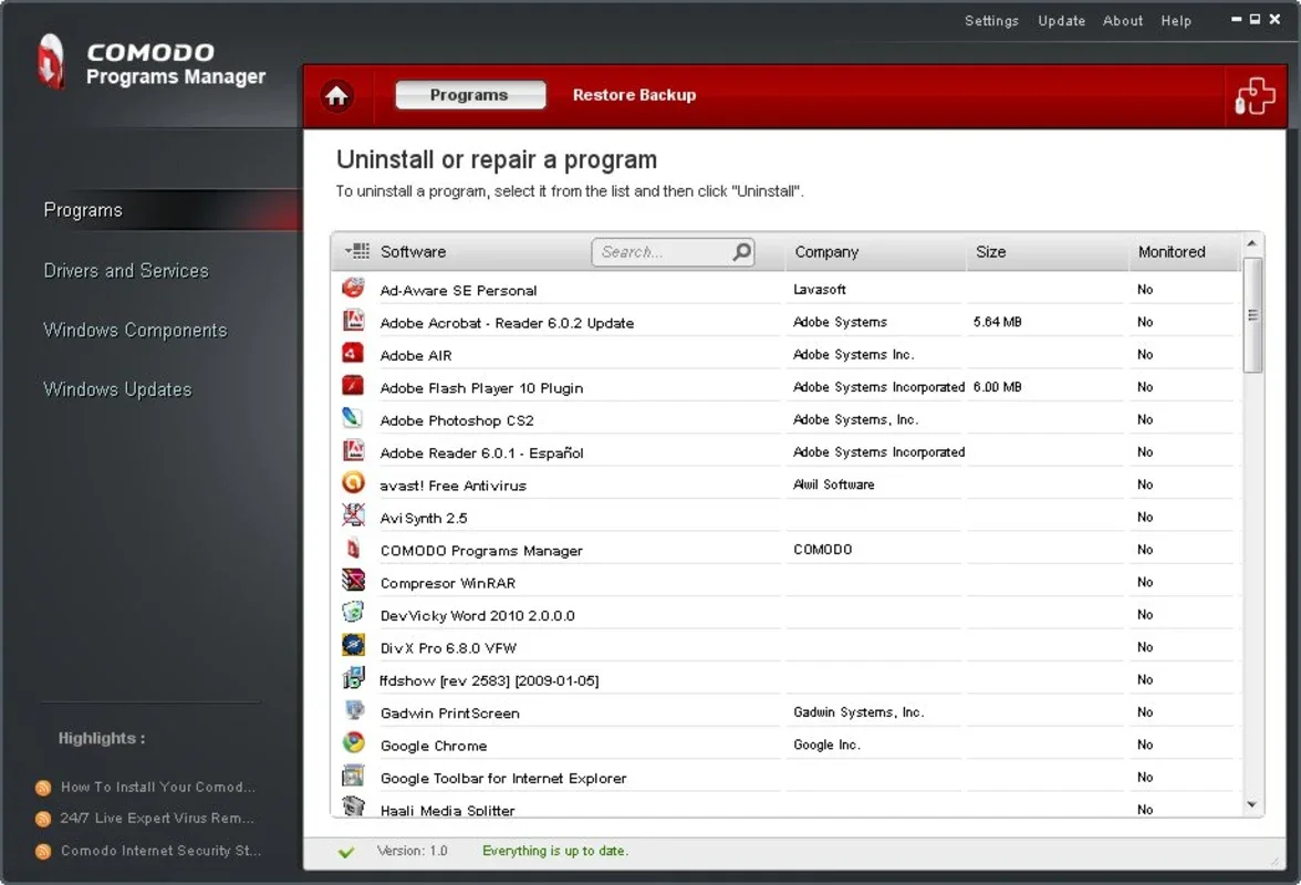 Comodo Programs Manager for Windows - Manage and Free Up Space