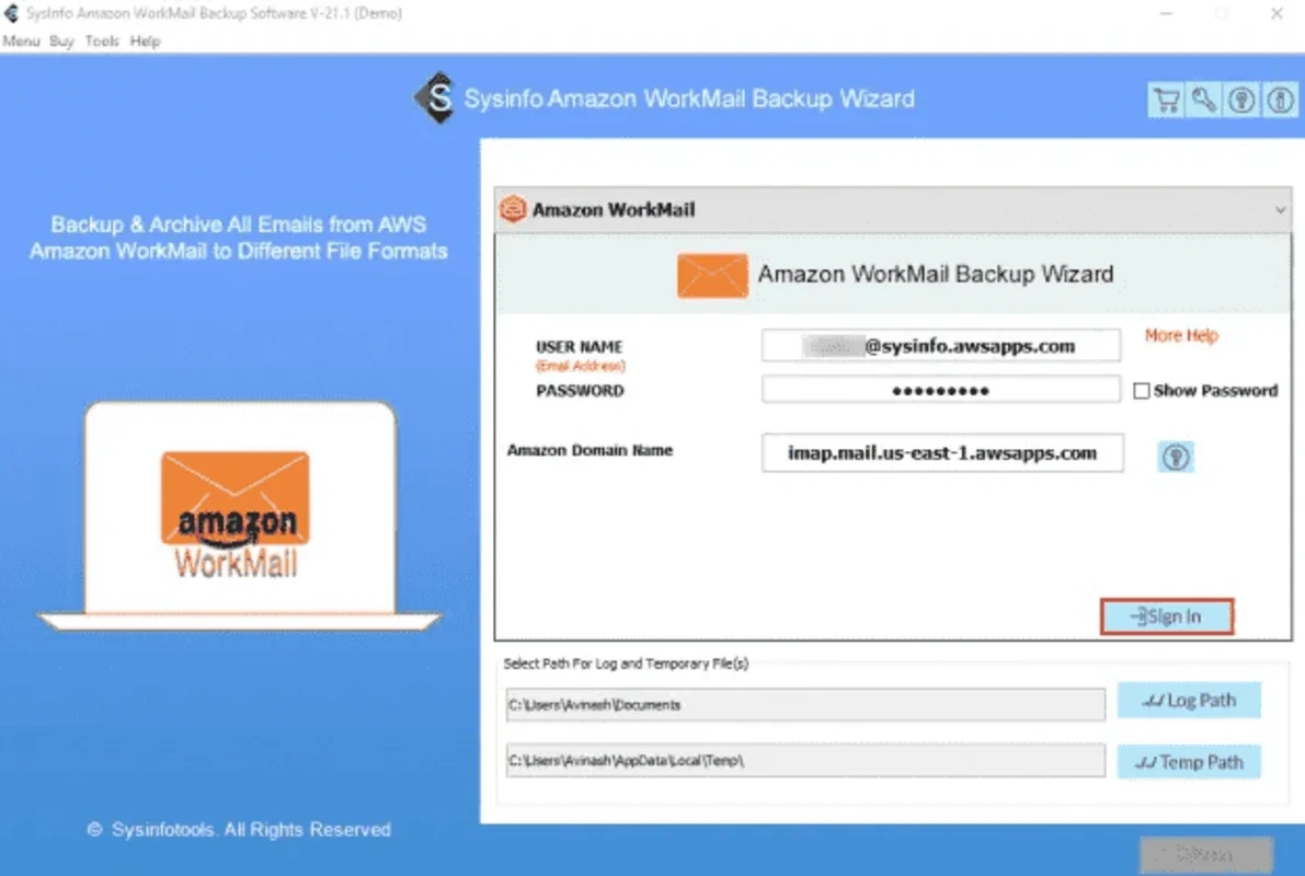 Sysinfo Amazon WorkMail Backup Tool for Windows - Secure Backup Solution