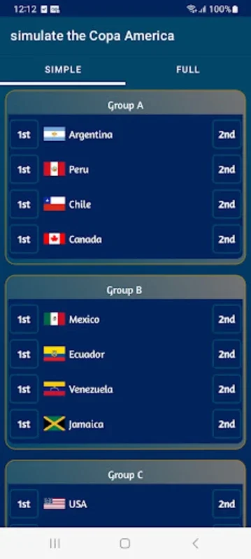 simulate the Copa America for Android - Predict Tournament Outcomes