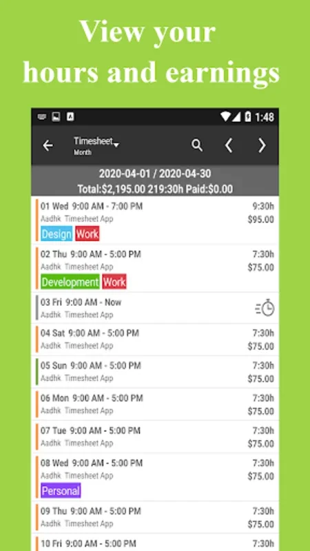 Timesheet for Android: Efficient Time and Earnings Management