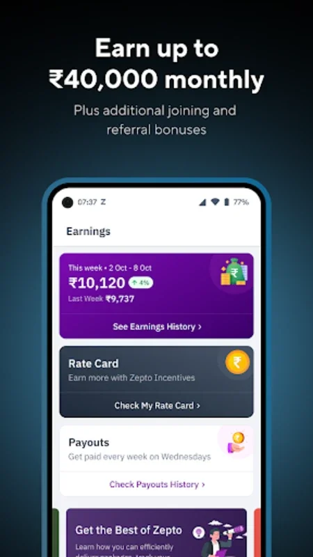Zepto Delivery for Android - Earn Weekly with Local Jobs
