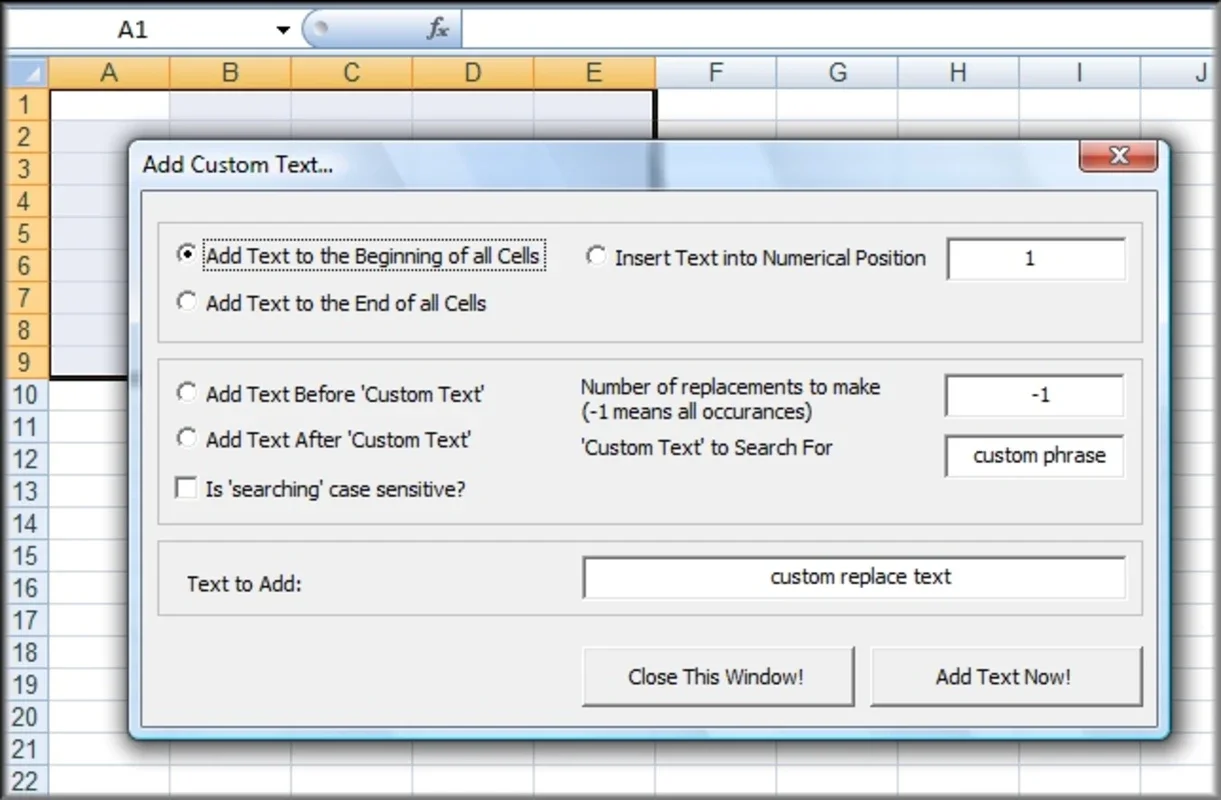 Excel Add Data for Windows: Add Text to Multiple Cells