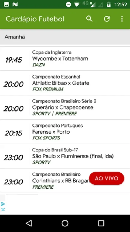 Cardápio Futebol for Android - Find Live Football Broadcasts